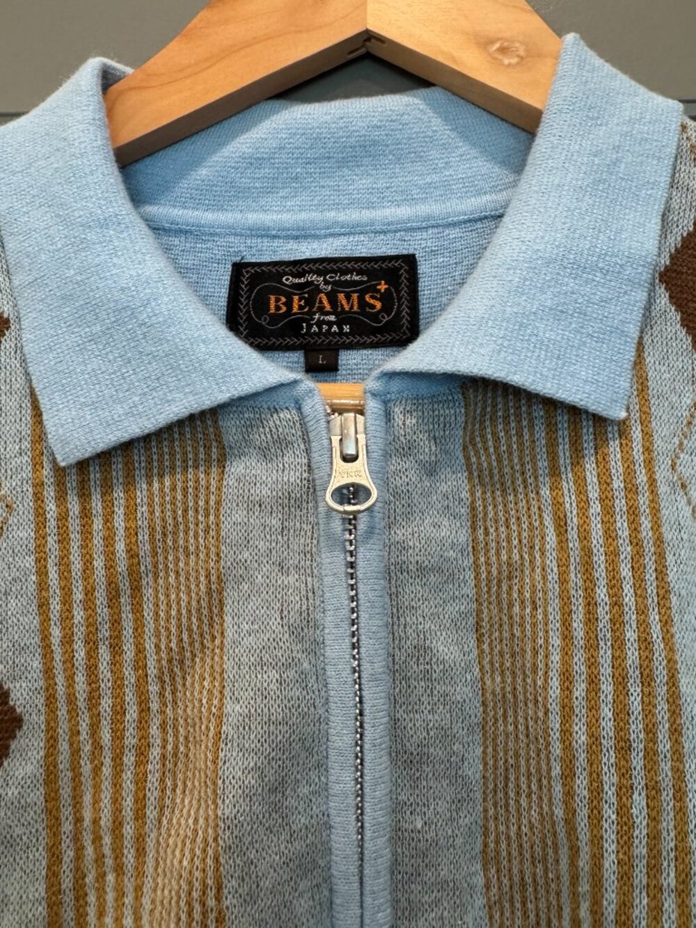 Beams+ Japan Argyle Knit Zip Polo Sweater Light Blue Size L - Picture 2 of 5